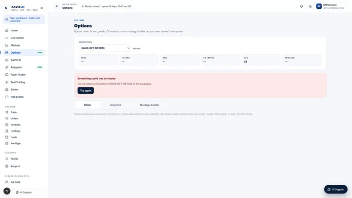 KAVIX Options analytics screen