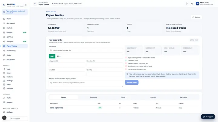 KAVIX Paper trading screen